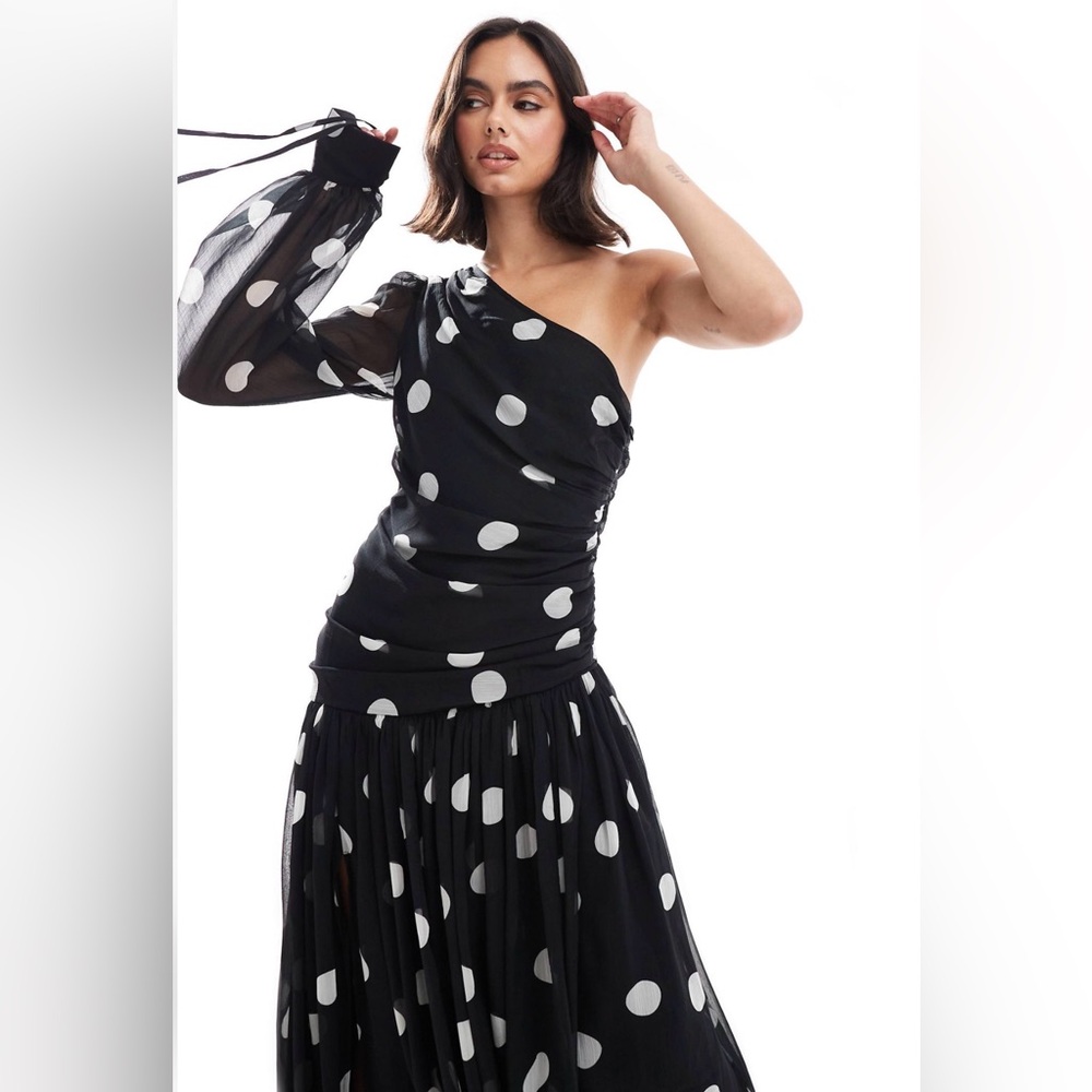 ASOS Black and White Polka Dot One-Shoulder Maxi Dress